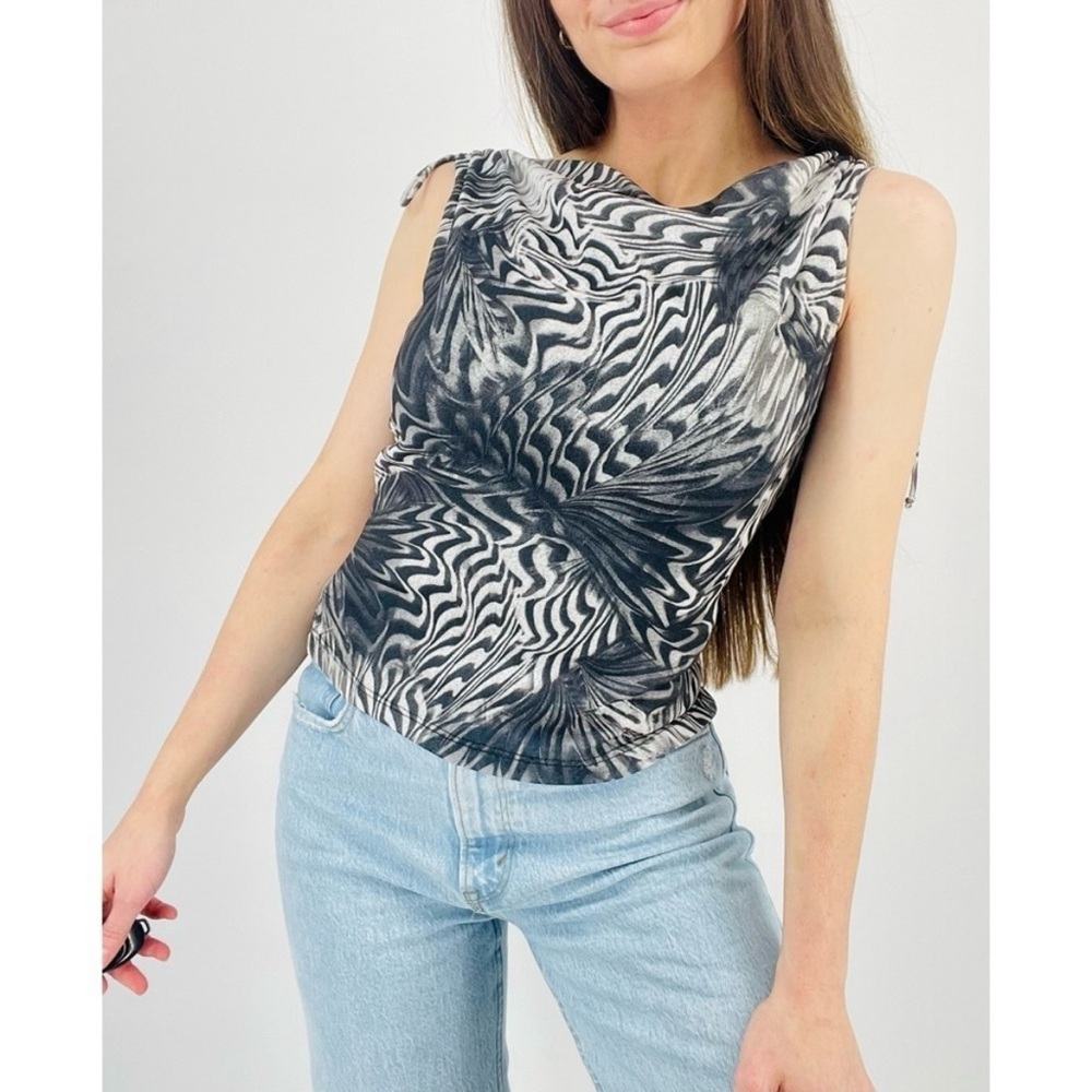 Vtg Y2k Psychedelic Mesh Cowl Neck Top Sleeveless Size S